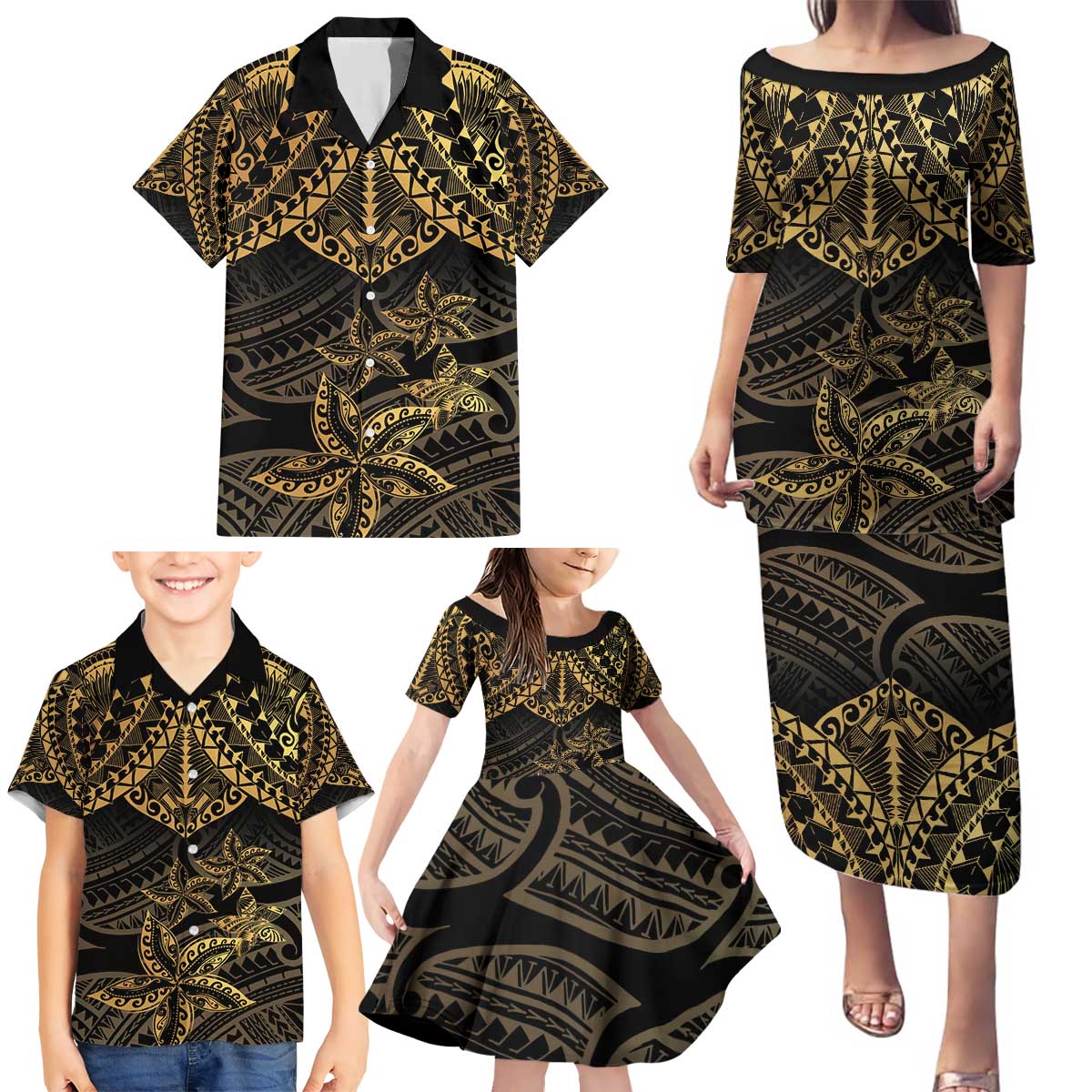 Black and Gold Polynesia Family Matching Puletasi and Hawaiian Shirt Plumeria Tattoo With Polynesian Pattern LT14 - Polynesian Pride