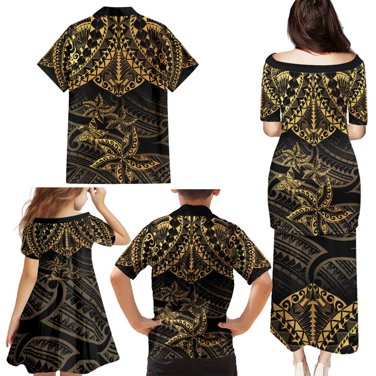 Black and Gold Polynesia Family Matching Puletasi and Hawaiian Shirt Plumeria Tattoo With Polynesian Pattern LT14 - Polynesian Pride