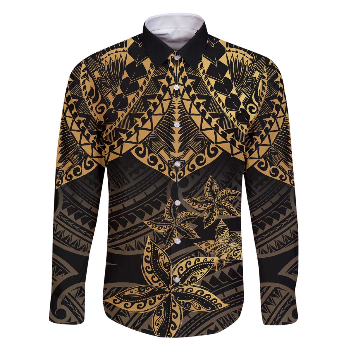 Black and Gold Polynesia Family Matching Puletasi and Hawaiian Shirt Plumeria Tattoo With Polynesian Pattern LT14 Dad's Shirt - Long Sleeve Black - Polynesian Pride