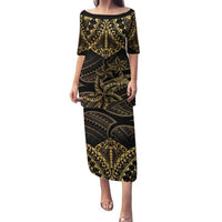 Black and Gold Polynesia Family Matching Puletasi and Hawaiian Shirt Plumeria Tattoo With Polynesian Pattern LT14 Mom's Dress Black - Polynesian Pride