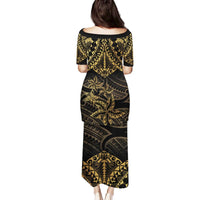 Black and Gold Polynesia Family Matching Puletasi and Hawaiian Shirt Plumeria Tattoo With Polynesian Pattern LT14 - Polynesian Pride