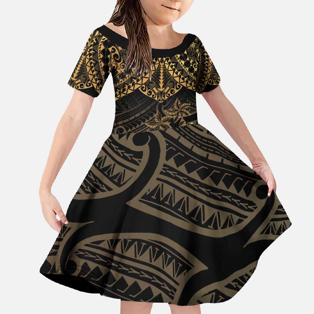 Black and Gold Polynesia Family Matching Short Sleeve Bodycon Dress and Hawaiian Shirt Plumeria Tattoo With Polynesian Pattern LT14 Daughter's Dress Black - Polynesian Pride