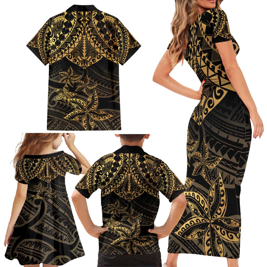 Black and Gold Polynesia Family Matching Short Sleeve Bodycon Dress and Hawaiian Shirt Plumeria Tattoo With Polynesian Pattern LT14 - Polynesian Pride