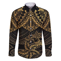 Black and Gold Polynesia Family Matching Short Sleeve Bodycon Dress and Hawaiian Shirt Plumeria Tattoo With Polynesian Pattern LT14 Dad's Shirt - Long Sleeve Black - Polynesian Pride