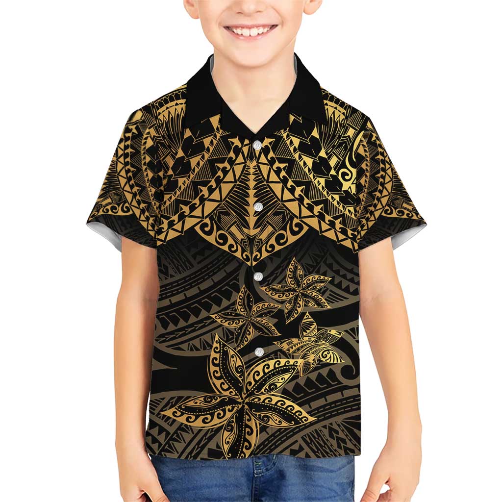Black and Gold Polynesia Kid Hawaiian Shirt Plumeria Tattoo With Polynesian Pattern LT14 Kid Black - Polynesian Pride