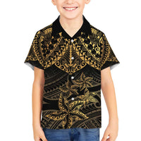Black and Gold Polynesia Kid Hawaiian Shirt Plumeria Tattoo With Polynesian Pattern LT14 Kid Black - Polynesian Pride