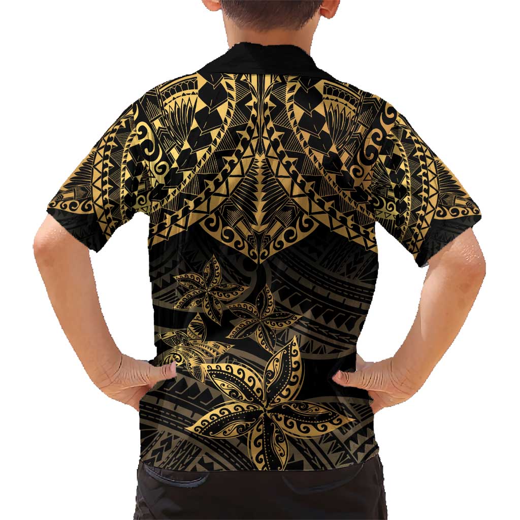 Black and Gold Polynesia Kid Hawaiian Shirt Plumeria Tattoo With Polynesian Pattern LT14 - Polynesian Pride
