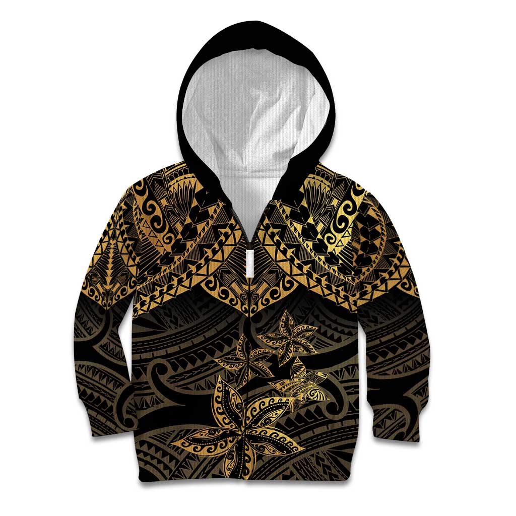 Black and Gold Polynesia Kid Hoodie Plumeria Tattoo With Polynesian Pattern LT14 Zip Hoodie Black - Polynesian Pride