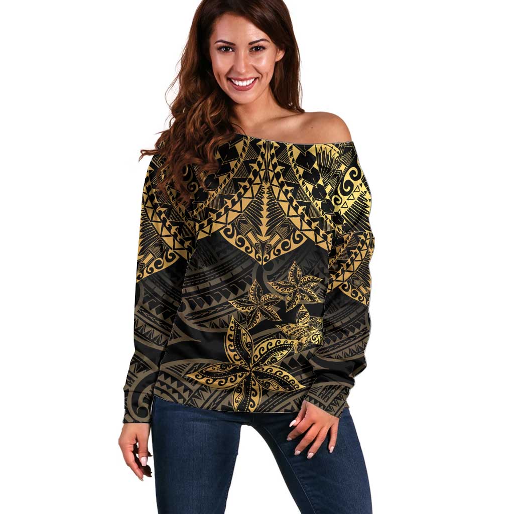 Black and Gold Polynesia Off Shoulder Sweater Plumeria Tattoo With Polynesian Pattern LT14 Women Black - Polynesian Pride