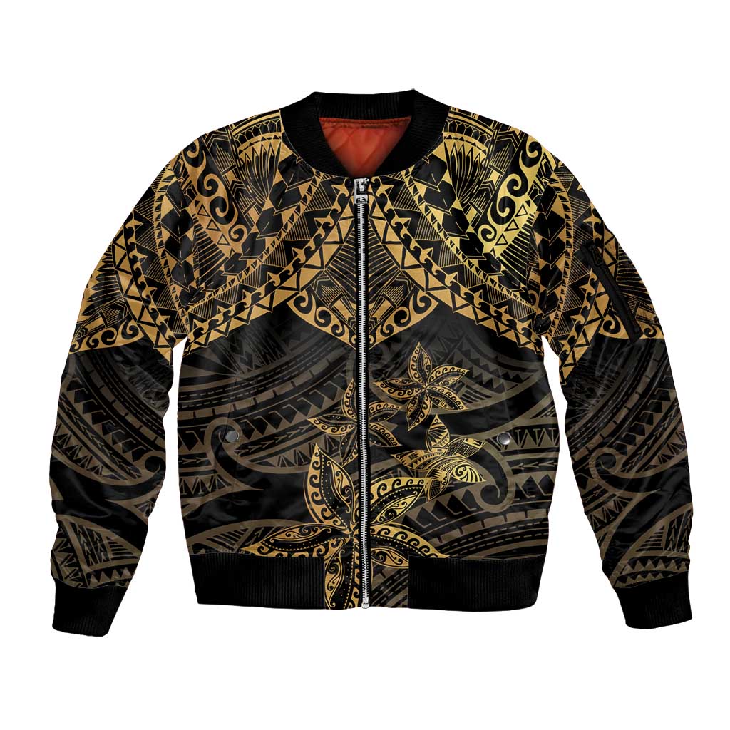 Black and Gold Polynesia Sleeve Zip Bomber Jacket Plumeria Tattoo With Polynesian Pattern LT14 Unisex Black - Polynesian Pride
