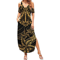 Black and Gold Polynesia Summer Maxi Dress Plumeria Tattoo With Polynesian Pattern LT14 Women Black - Polynesian Pride