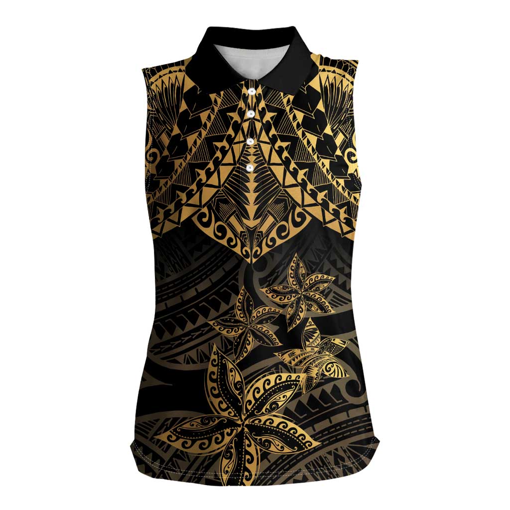 Black and Gold Polynesia Women Sleeveless Polo Shirt Plumeria Tattoo With Polynesian Pattern LT14 Female Black - Polynesian Pride
