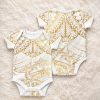 White and Gold Polynesia Baby Onesie Plumeria Tattoo With Polynesian Pattern