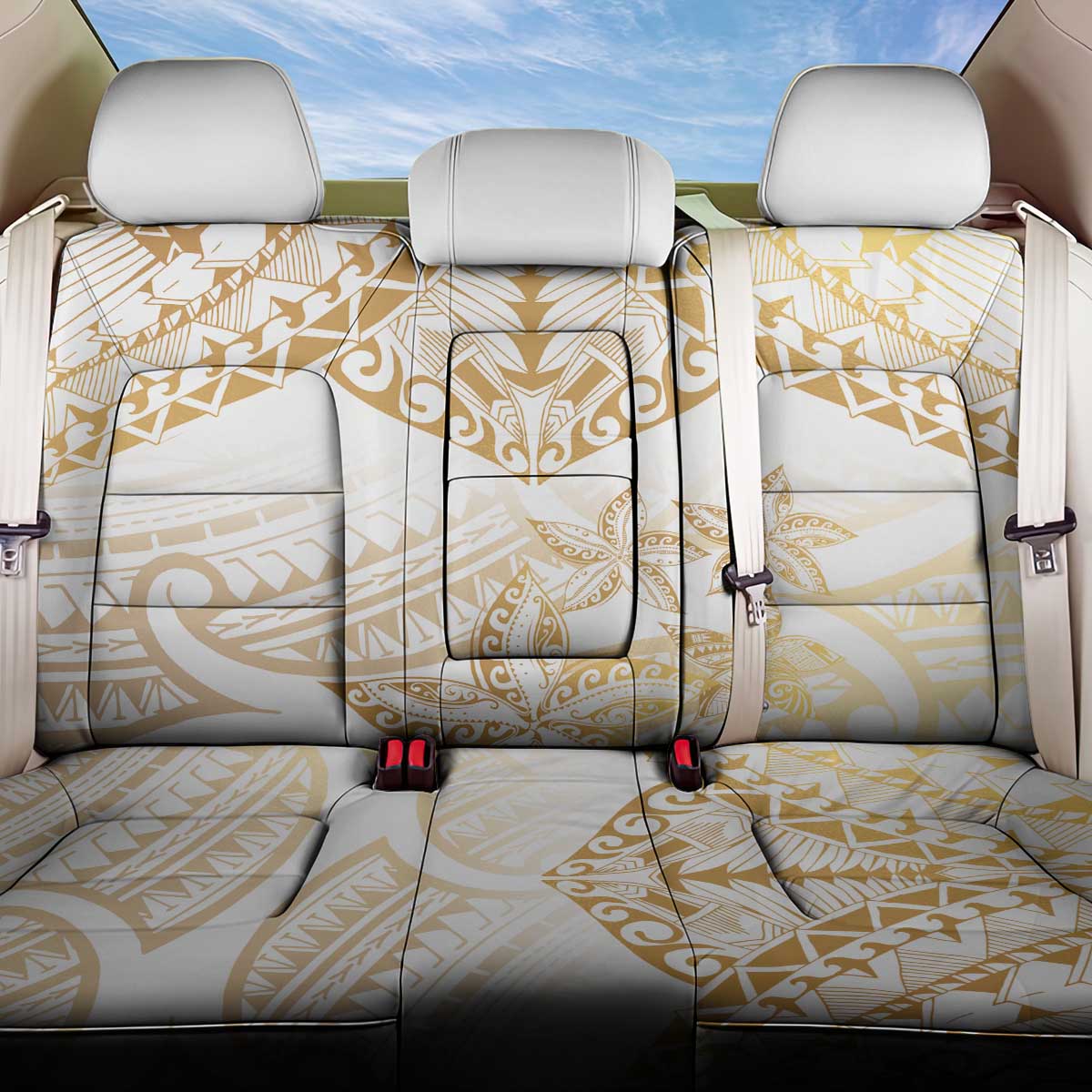 White and Gold Polynesia Back Car Seat Cover Plumeria Tattoo With Polynesian Pattern LT14 One Size White - Polynesian Pride