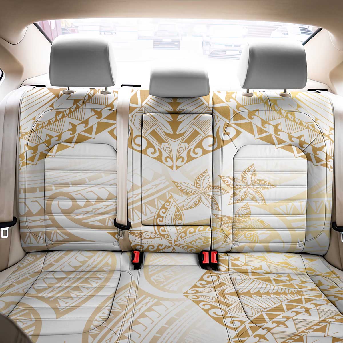 White and Gold Polynesia Back Car Seat Cover Plumeria Tattoo With Polynesian Pattern LT14 - Polynesian Pride