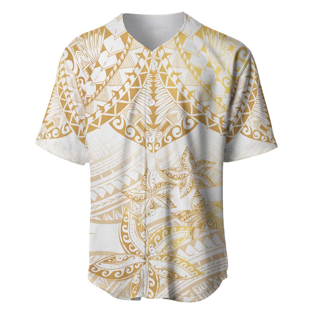 White and Gold Polynesia Baseball Jersey Plumeria Tattoo With Polynesian Pattern LT14 White - Polynesian Pride