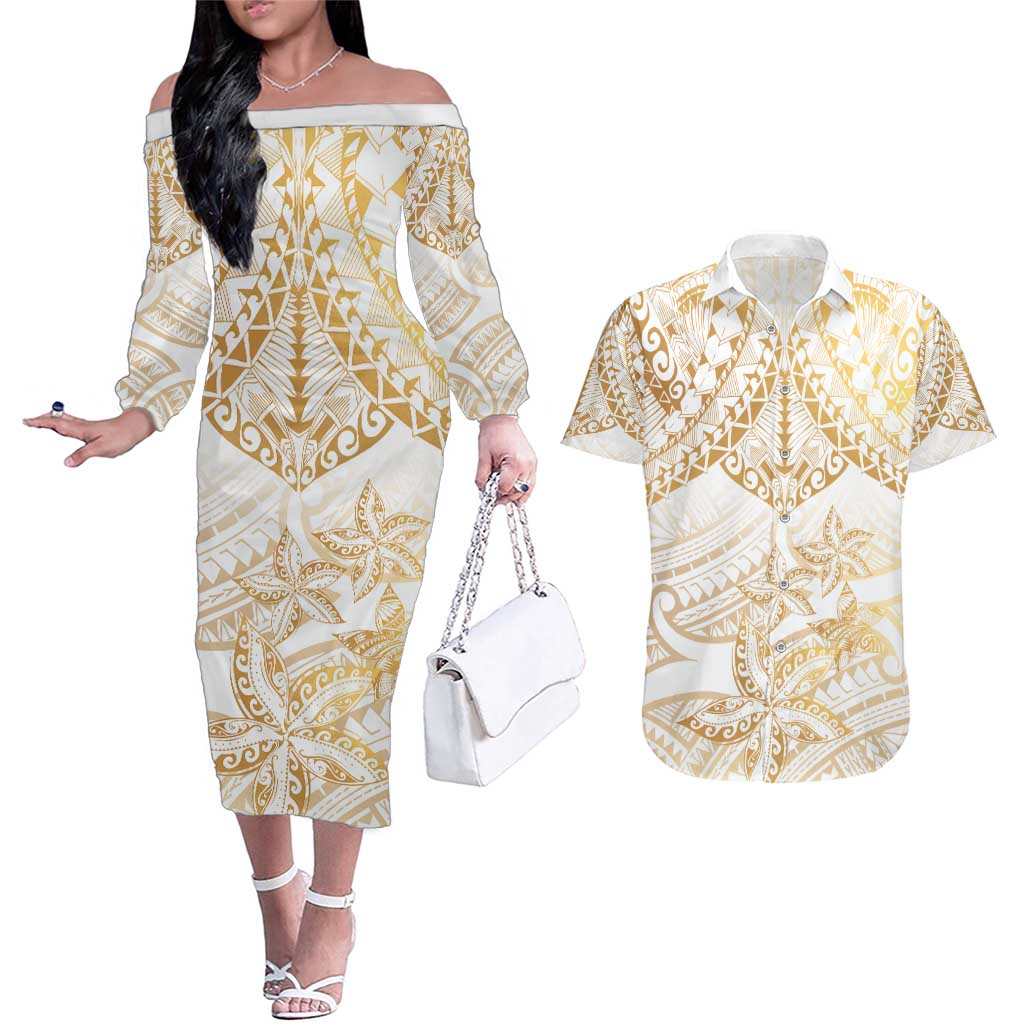 White and Gold Polynesia Couples Matching Off The Shoulder Long Sleeve Dress and Hawaiian Shirt Plumeria Tattoo With Polynesian Pattern LT14 White - Polynesian Pride
