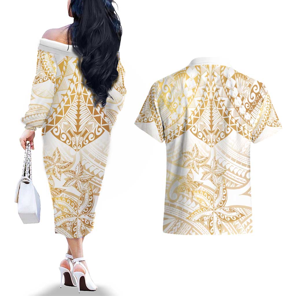 White and Gold Polynesia Couples Matching Off The Shoulder Long Sleeve Dress and Hawaiian Shirt Plumeria Tattoo With Polynesian Pattern LT14 - Polynesian Pride