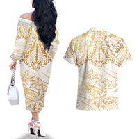 White and Gold Polynesia Couples Matching Off The Shoulder Long Sleeve Dress and Hawaiian Shirt Plumeria Tattoo With Polynesian Pattern LT14 - Polynesian Pride