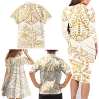 White and Gold Polynesia Family Matching Long Sleeve Bodycon Dress and Hawaiian Shirt Plumeria Tattoo With Polynesian Pattern LT14 - Polynesian Pride