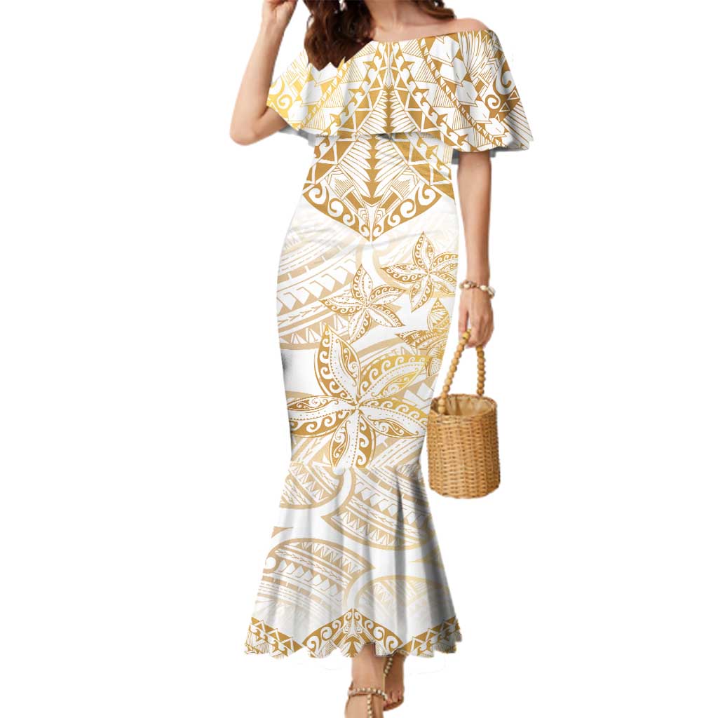 White and Gold Polynesia Family Matching Mermaid Dress and Hawaiian Shirt Plumeria Tattoo With Polynesian Pattern LT14 Mom's Dress White - Polynesian Pride