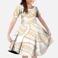 White and Gold Polynesia Family Matching Off The Shoulder Long Sleeve Dress and Hawaiian Shirt Plumeria Tattoo With Polynesian Pattern LT14 Daughter's Dress White - Polynesian Pride