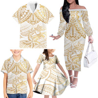 White and Gold Polynesia Family Matching Off The Shoulder Long Sleeve Dress and Hawaiian Shirt Plumeria Tattoo With Polynesian Pattern LT14 - Polynesian Pride
