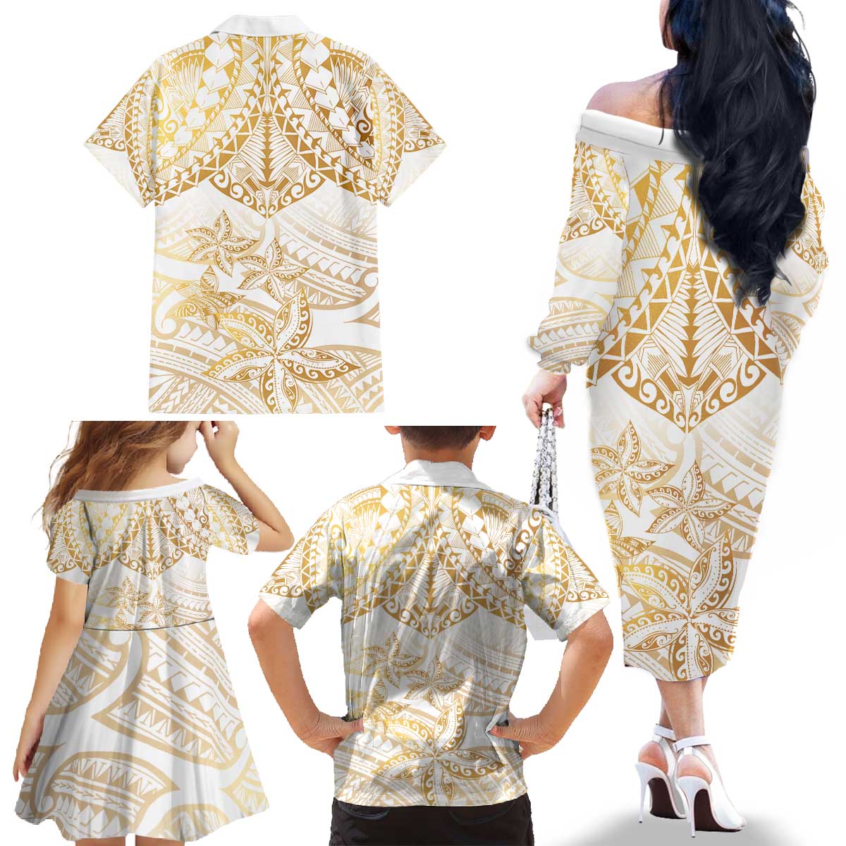 White and Gold Polynesia Family Matching Off The Shoulder Long Sleeve Dress and Hawaiian Shirt Plumeria Tattoo With Polynesian Pattern LT14 - Polynesian Pride