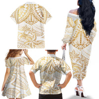 White and Gold Polynesia Family Matching Off The Shoulder Long Sleeve Dress and Hawaiian Shirt Plumeria Tattoo With Polynesian Pattern LT14 - Polynesian Pride