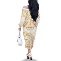 White and Gold Polynesia Family Matching Off The Shoulder Long Sleeve Dress and Hawaiian Shirt Plumeria Tattoo With Polynesian Pattern LT14 - Polynesian Pride