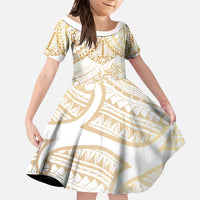 White and Gold Polynesia Family Matching Off Shoulder Maxi Dress and Hawaiian Shirt Plumeria Tattoo With Polynesian Pattern LT14 Daughter's Dress White - Polynesian Pride