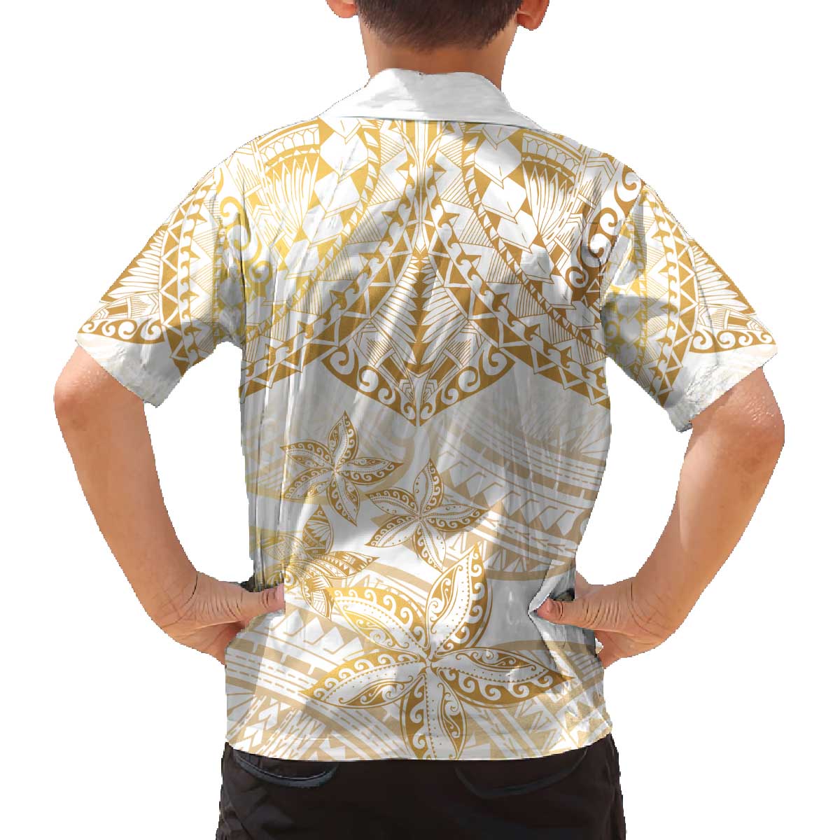 White and Gold Polynesia Family Matching Off Shoulder Short Dress and Hawaiian Shirt Plumeria Tattoo With Polynesian Pattern LT14 - Polynesian Pride