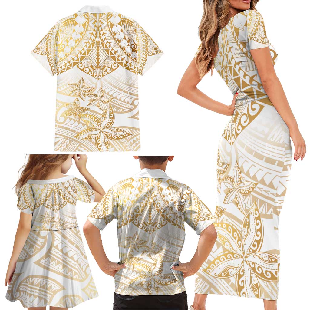 White and Gold Polynesia Family Matching Short Sleeve Bodycon Dress and Hawaiian Shirt Plumeria Tattoo With Polynesian Pattern LT14 - Polynesian Pride