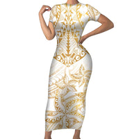 White and Gold Polynesia Family Matching Short Sleeve Bodycon Dress and Hawaiian Shirt Plumeria Tattoo With Polynesian Pattern LT14 Mom's Dress White - Polynesian Pride