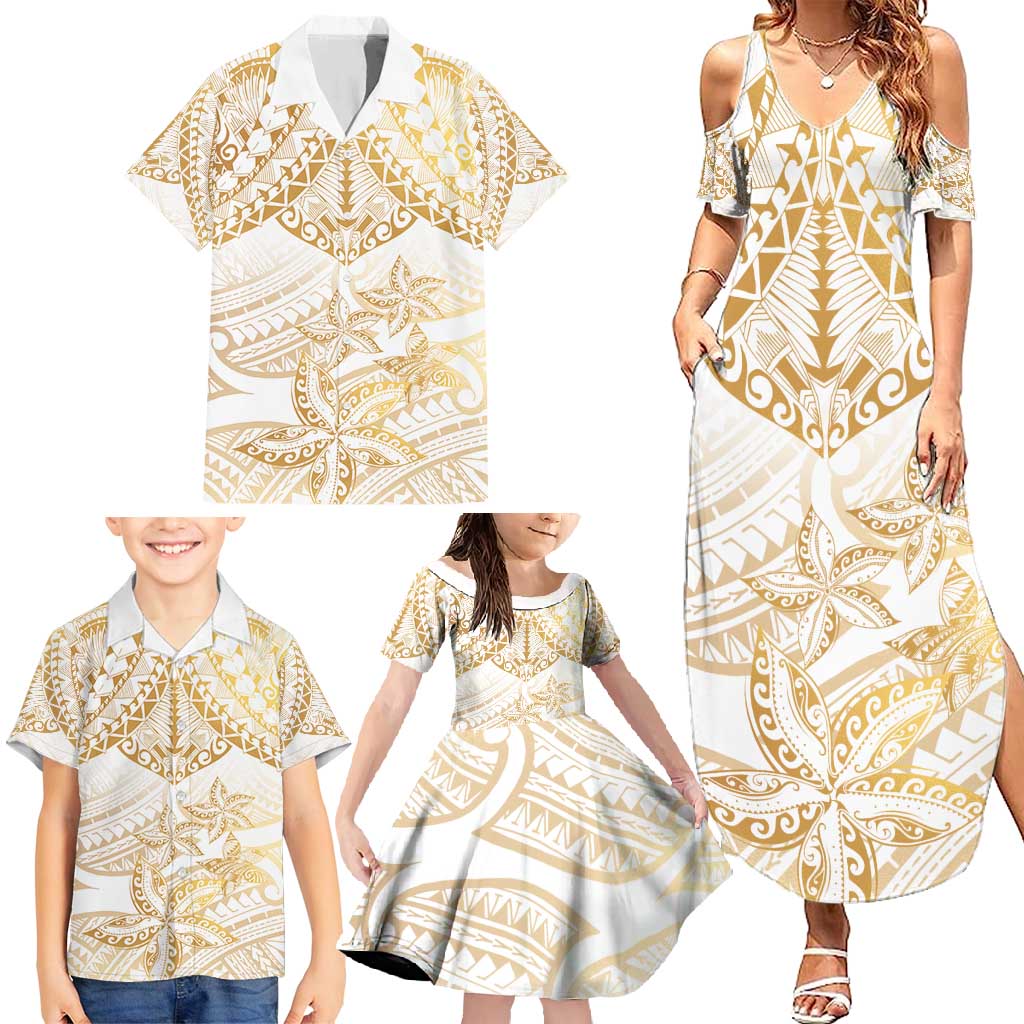 White and Gold Polynesia Family Matching Summer Maxi Dress and Hawaiian Shirt Plumeria Tattoo With Polynesian Pattern LT14 - Polynesian Pride