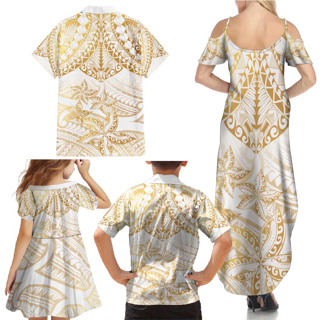 White and Gold Polynesia Family Matching Summer Maxi Dress and Hawaiian Shirt Plumeria Tattoo With Polynesian Pattern LT14 - Polynesian Pride