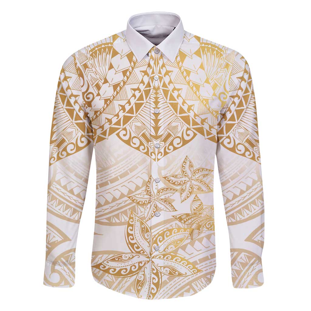 White and Gold Polynesia Family Matching Tank Maxi Dress and Hawaiian Shirt Plumeria Tattoo With Polynesian Pattern LT14 Dad's Shirt - Long Sleeve White - Polynesian Pride