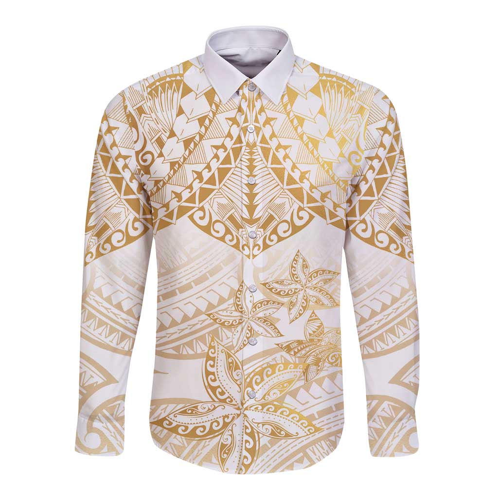 White and Gold Polynesia Long Sleeve Button Shirt Plumeria Tattoo With Polynesian Pattern LT14 Unisex White - Polynesian Pride