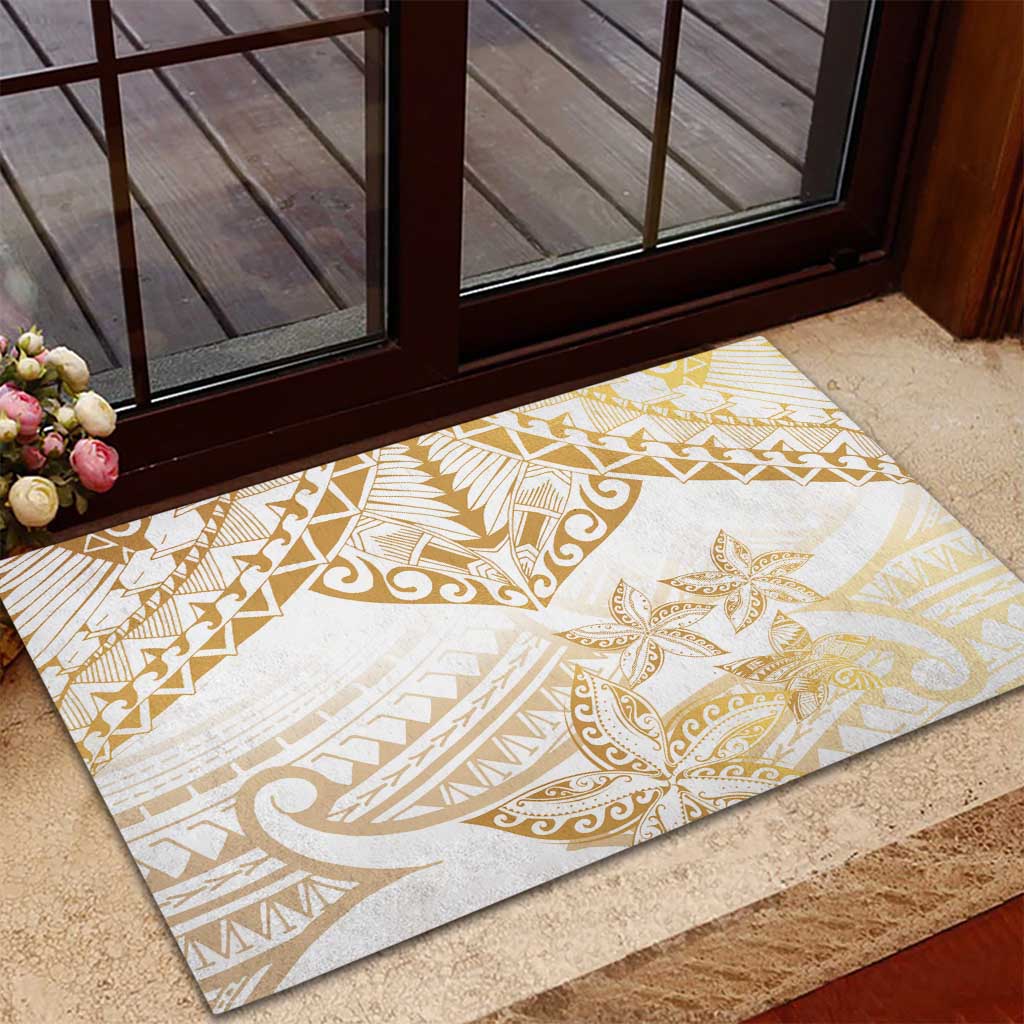 White and Gold Polynesia Rubber Doormat Plumeria Tattoo With Polynesian Pattern