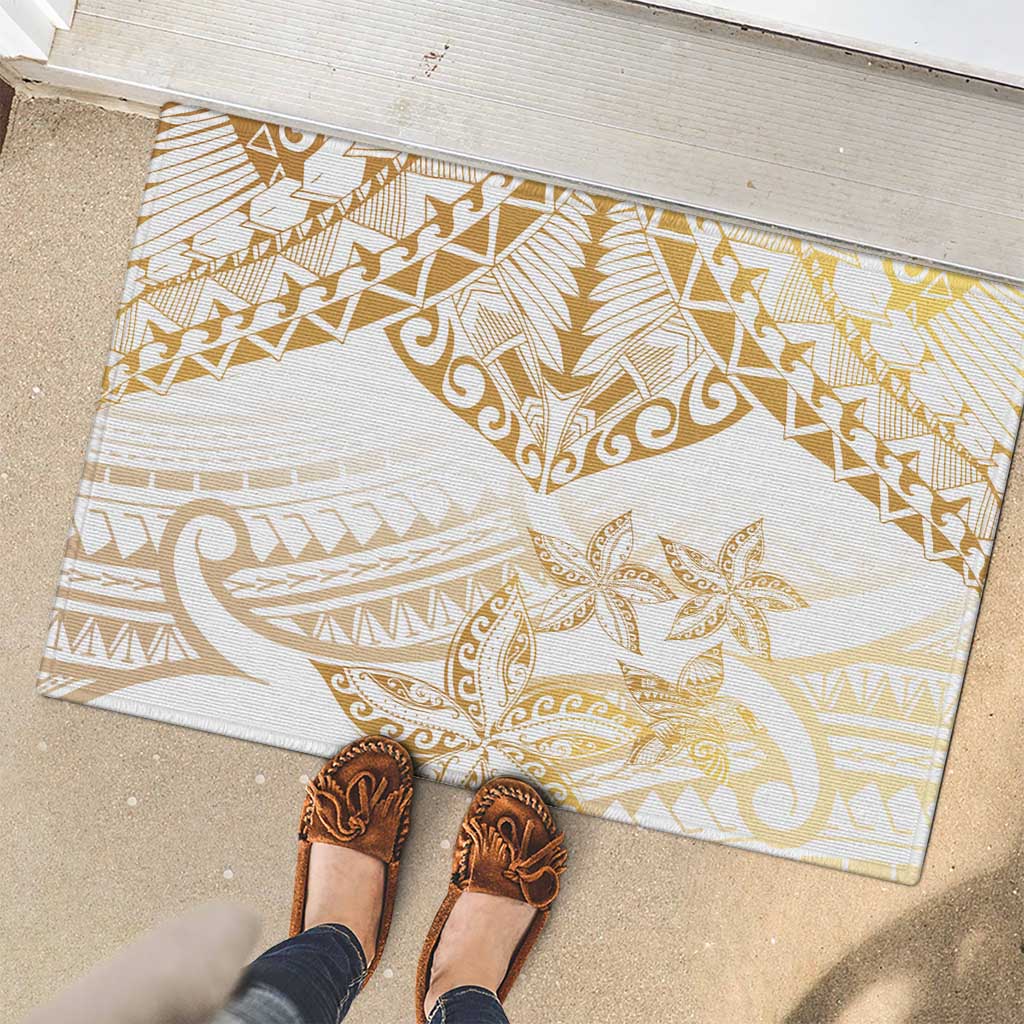 White and Gold Polynesia Rubber Doormat Plumeria Tattoo With Polynesian Pattern