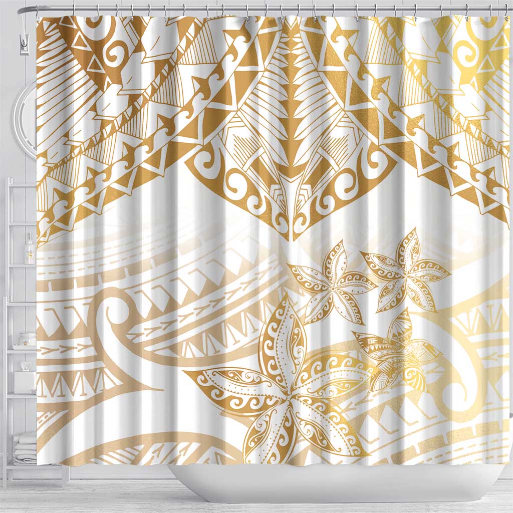 White and Gold Polynesia Shower Curtain Plumeria Tattoo With Polynesian Pattern