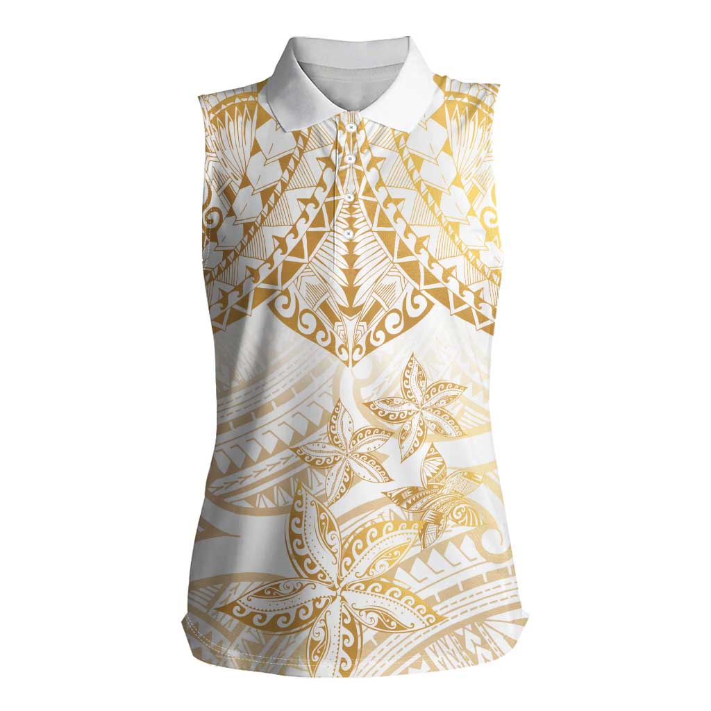 White and Gold Polynesia Women Sleeveless Polo Shirt Plumeria Tattoo With Polynesian Pattern LT14 Female White - Polynesian Pride