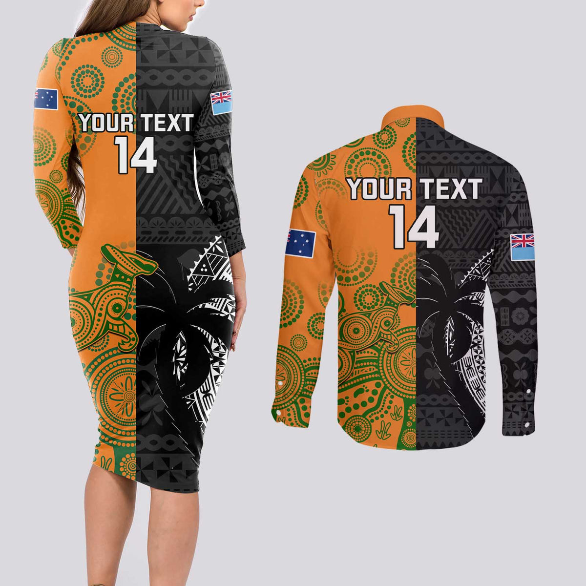 Custom Fiji And Australia Rugby Couples Matching Long Sleeve Bodycon Dress and Long Sleeve Button Shirt Fijian Tapa Pattern With Aussie Aboriginal Art LT14 - Polynesian Pride