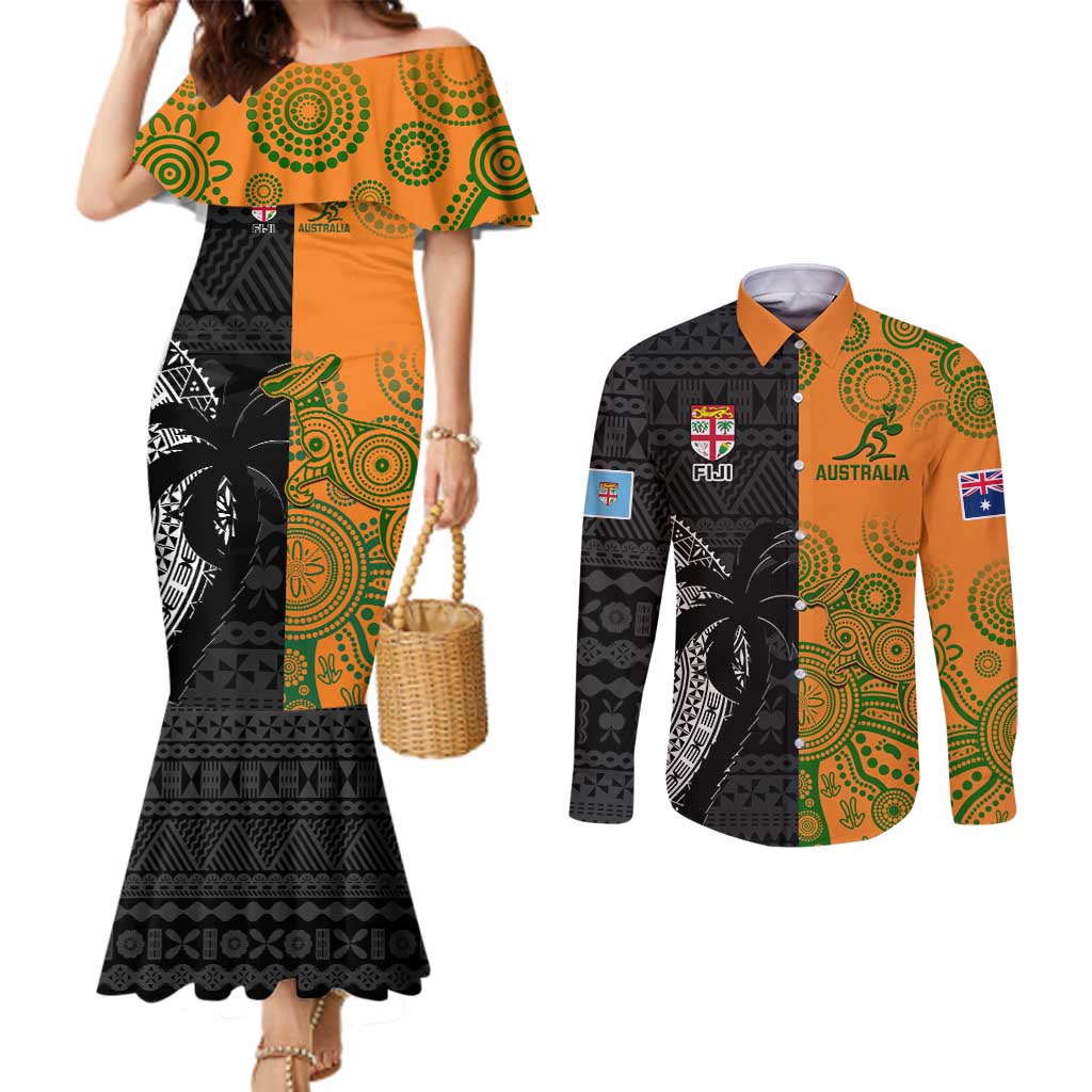 Custom Fiji And Australia Rugby Couples Matching Mermaid Dress and Long Sleeve Button Shirt Fijian Tapa Pattern With Aussie Aboriginal Art LT14 Black - Polynesian Pride