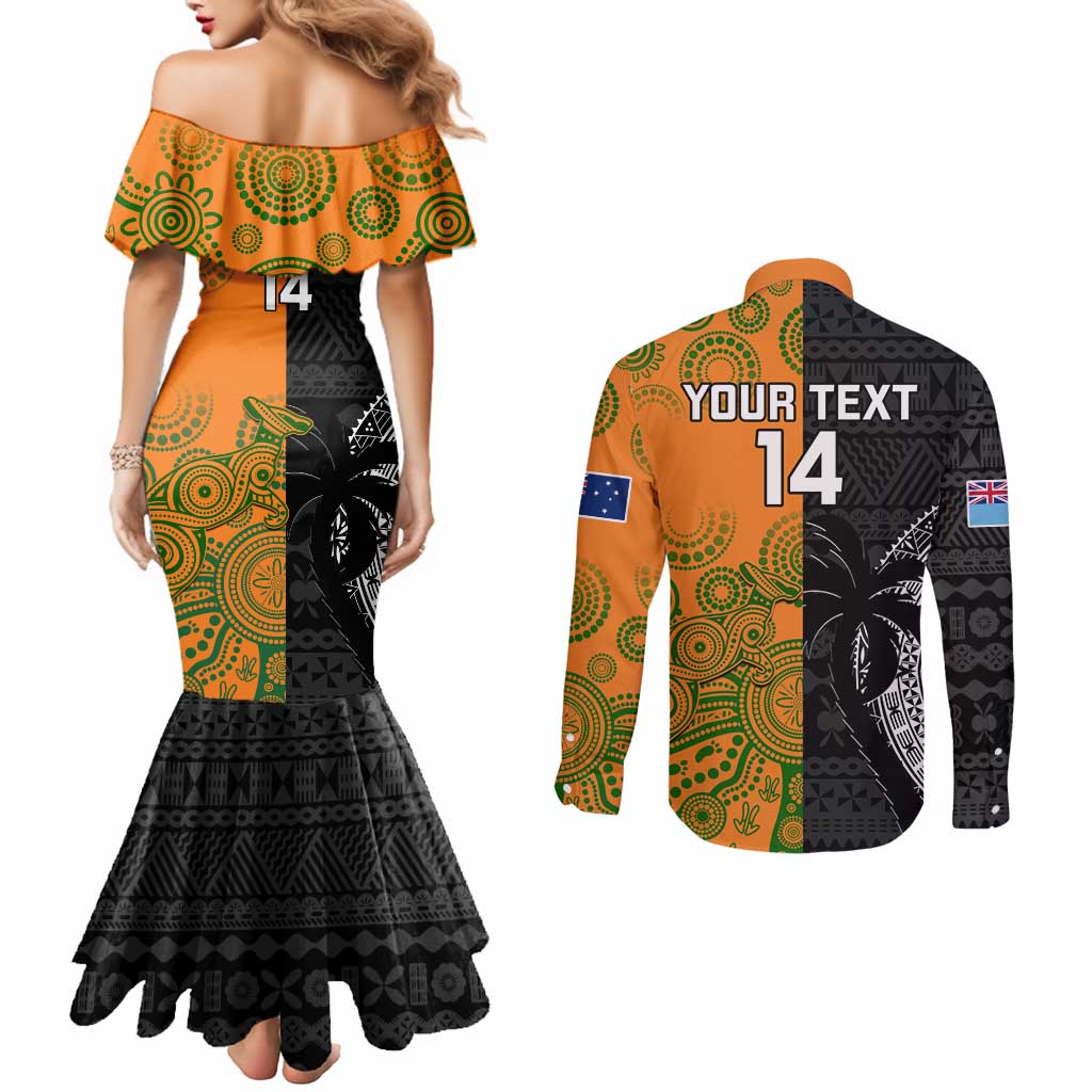 Custom Fiji And Australia Rugby Couples Matching Mermaid Dress and Long Sleeve Button Shirt Fijian Tapa Pattern With Aussie Aboriginal Art LT14 - Polynesian Pride