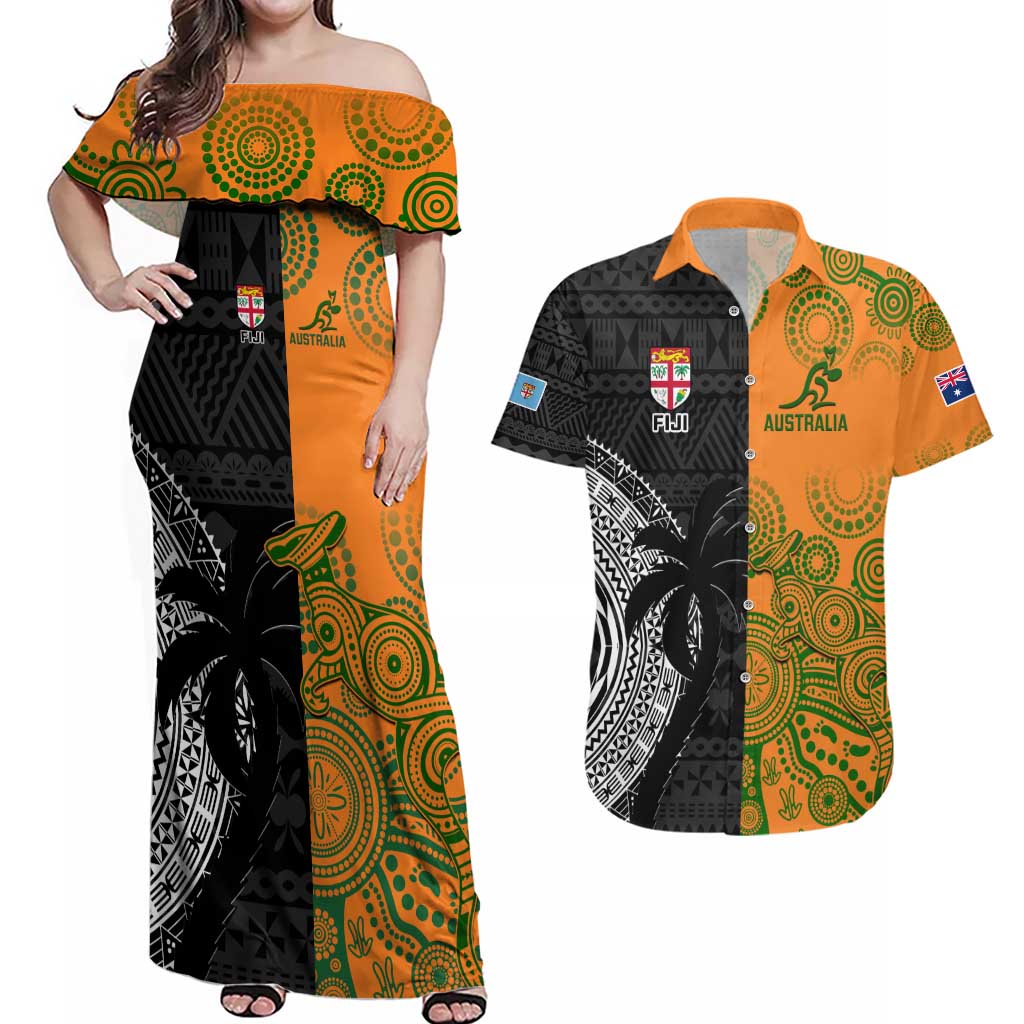 Custom Fiji And Australia Rugby Couples Matching Off Shoulder Maxi Dress and Hawaiian Shirt Fijian Tapa Pattern With Aussie Aboriginal Art LT14 Black - Polynesian Pride