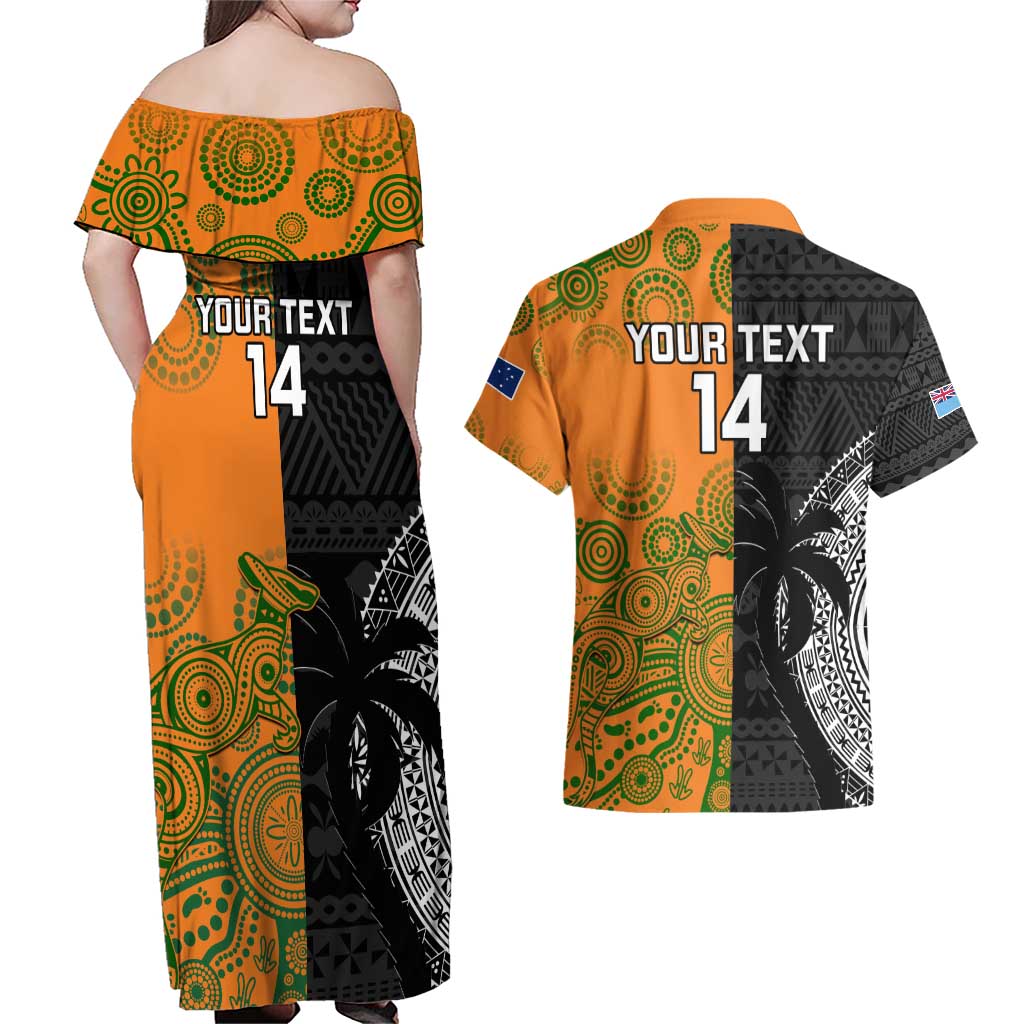 Custom Fiji And Australia Rugby Couples Matching Off Shoulder Maxi Dress and Hawaiian Shirt Fijian Tapa Pattern With Aussie Aboriginal Art LT14 - Polynesian Pride