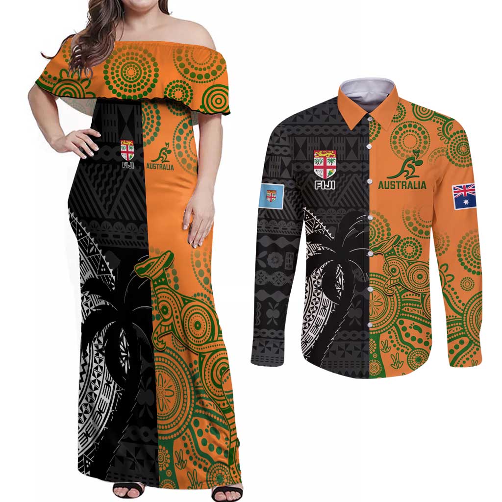 Custom Fiji And Australia Rugby Couples Matching Off Shoulder Maxi Dress and Long Sleeve Button Shirt Fijian Tapa Pattern With Aussie Aboriginal Art LT14 Black - Polynesian Pride