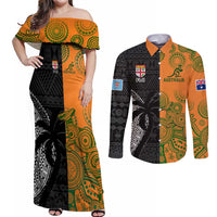 Custom Fiji And Australia Rugby Couples Matching Off Shoulder Maxi Dress and Long Sleeve Button Shirt Fijian Tapa Pattern With Aussie Aboriginal Art LT14 Black - Polynesian Pride