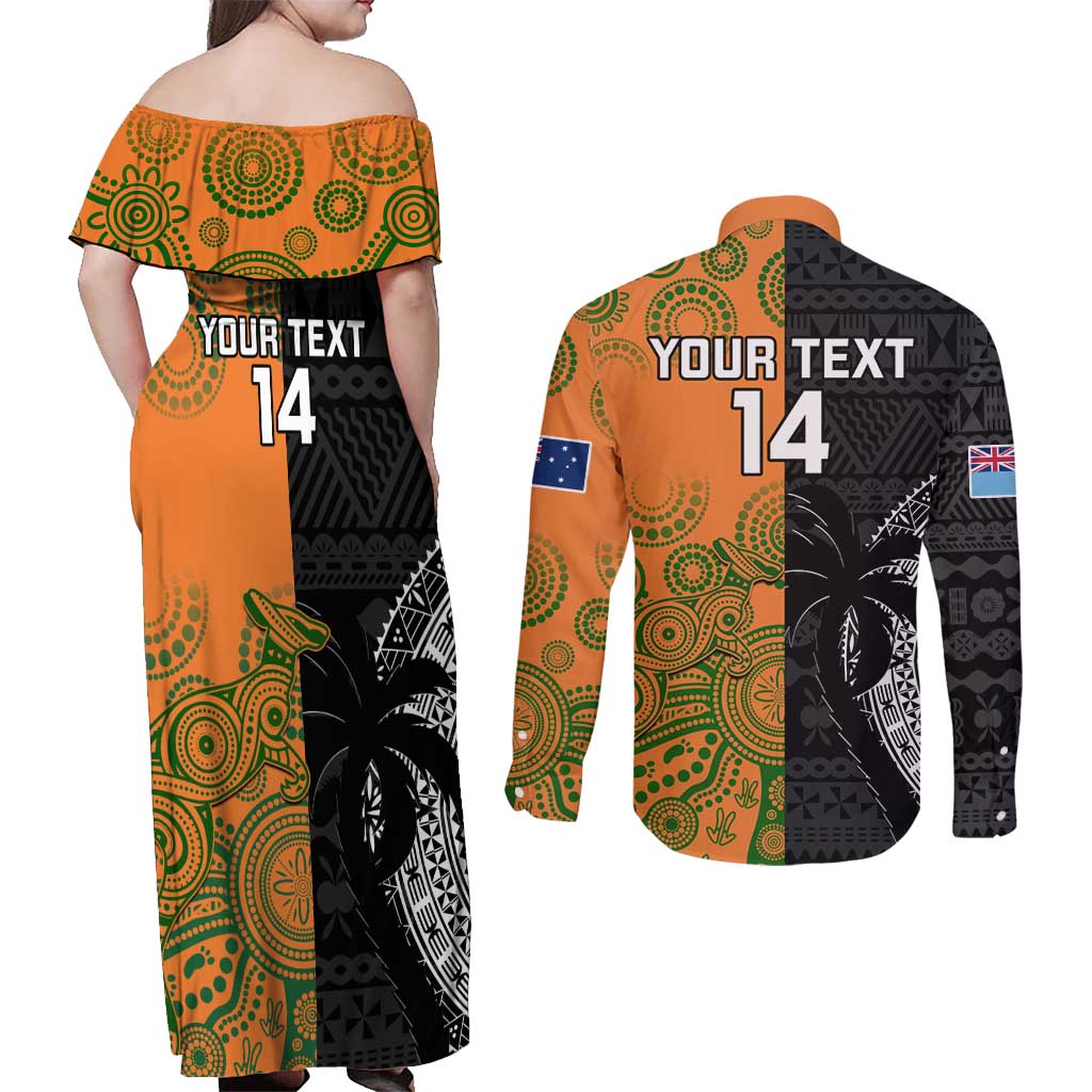 Custom Fiji And Australia Rugby Couples Matching Off Shoulder Maxi Dress and Long Sleeve Button Shirt Fijian Tapa Pattern With Aussie Aboriginal Art LT14 - Polynesian Pride